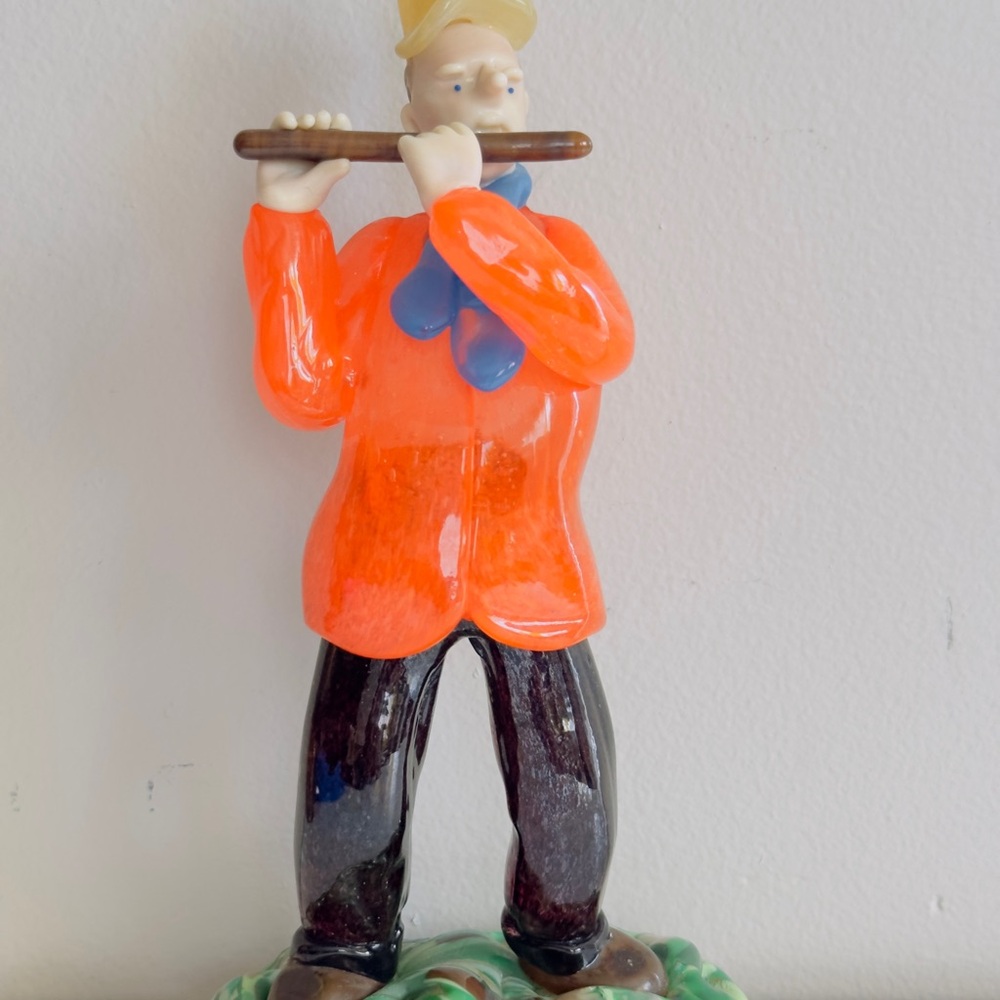 Vintage Bohemia Glass Flute Player Figurine Czechoslovakia MCM Art Glass Decor